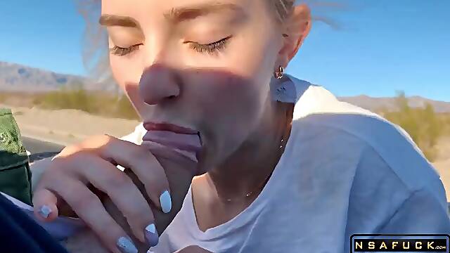 Public Teen Sex in the Convertible Car on a way to Las Vegas Eva Elfie