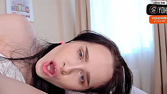 Busty brunette stunner plays with dildo while wearing white socks