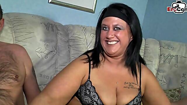 Voluptuous brunette German housewife indulges in steamy MMF threesome delights