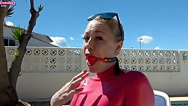 Sunbathing Gagged in Latex - Shiny Messy Drool Whore