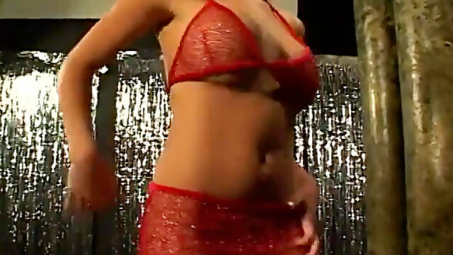 Gorgeous busty beauty in red outfit rides sex-machine at the strip club by demand of special guest