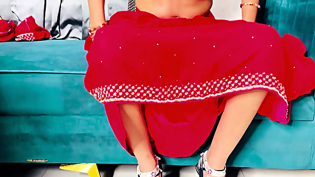 Dressed in a Full Indian Red Outfit and High Heels
